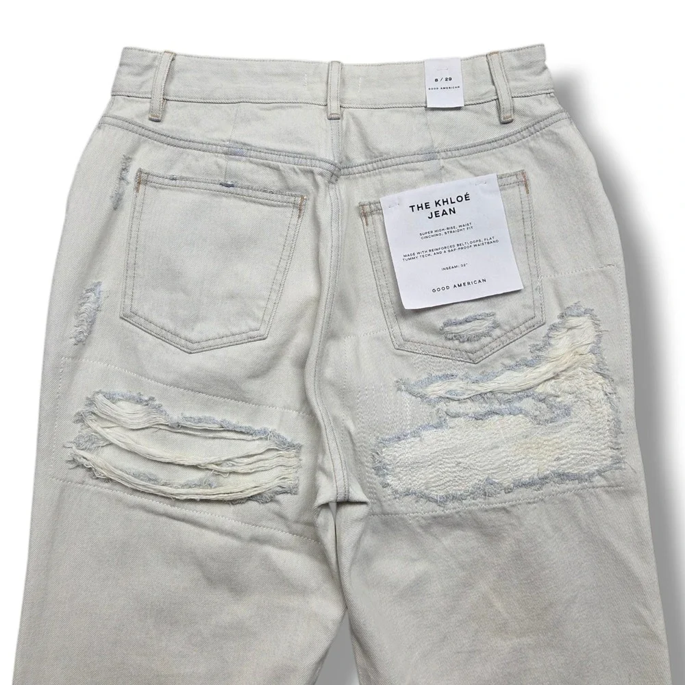 Good American Khloe Jeans Womens 8 Super High Rise Straight Distressed Ripped